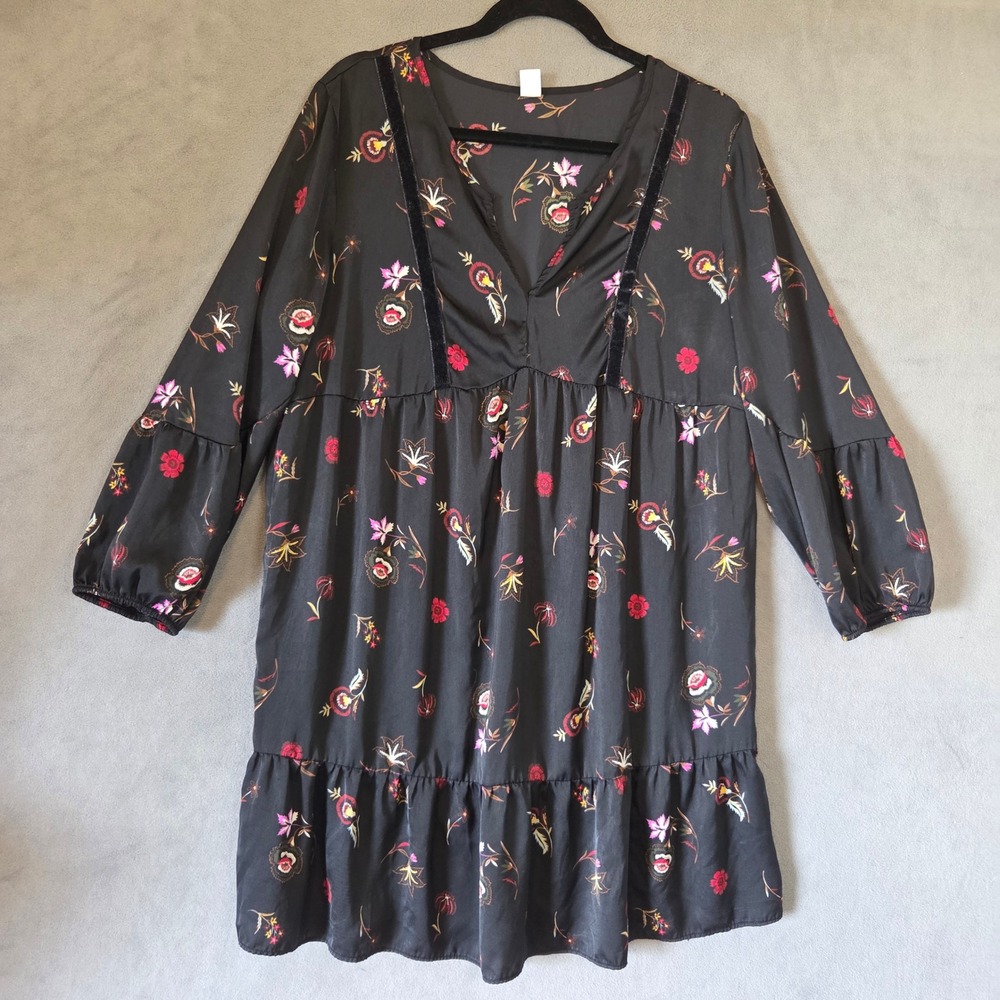 Old Navy Floral Boho Babydoll Dress Women Large Tiered Velvet Trim Romantic